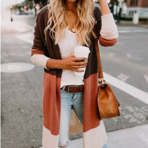 Long Cardigan Sweater Brown Tan and Orange - Picture 5 of 7